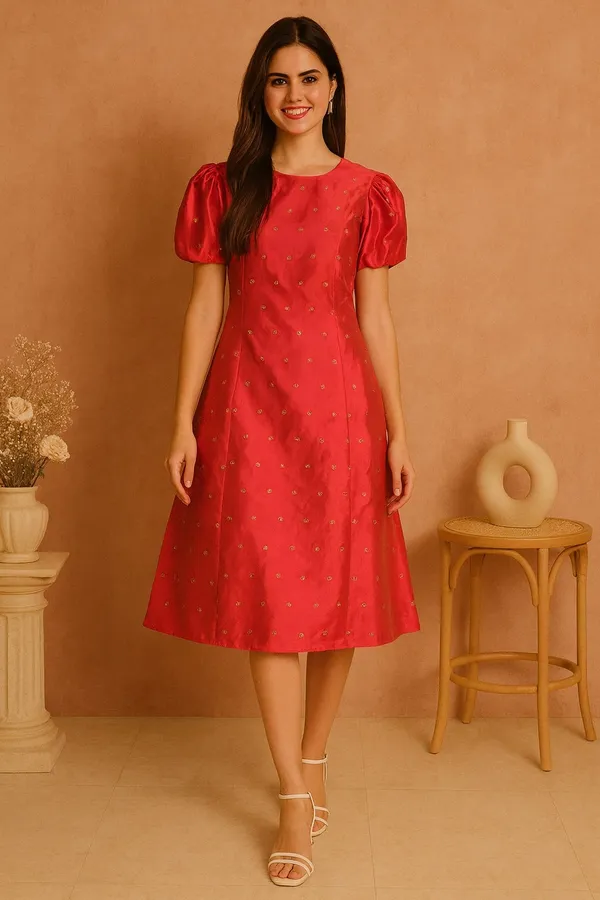 Pink_Premium_Polyester_Half_Sleeves_Dress_For_Women