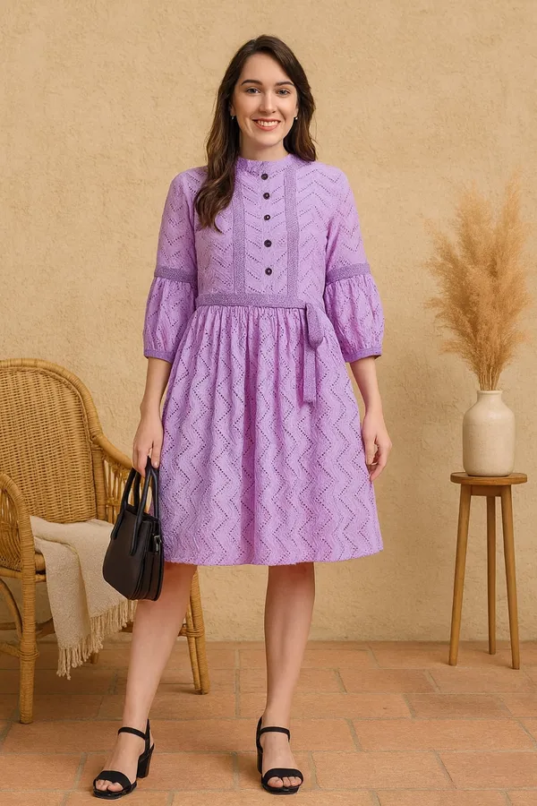 Purple_Premium_Schiffli_Three_Fourth_Sleeves_Dress_For_Women