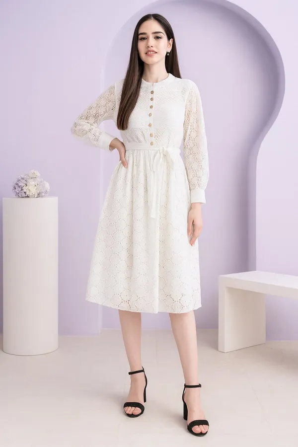 White_Premium_Cotton_Three_Fourth_Sleeves_Dress_For_Women