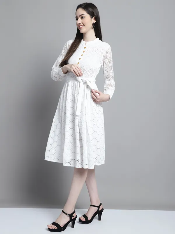White_Premium_Cotton_Three_Fourth_Sleeves_Dress_For_Women