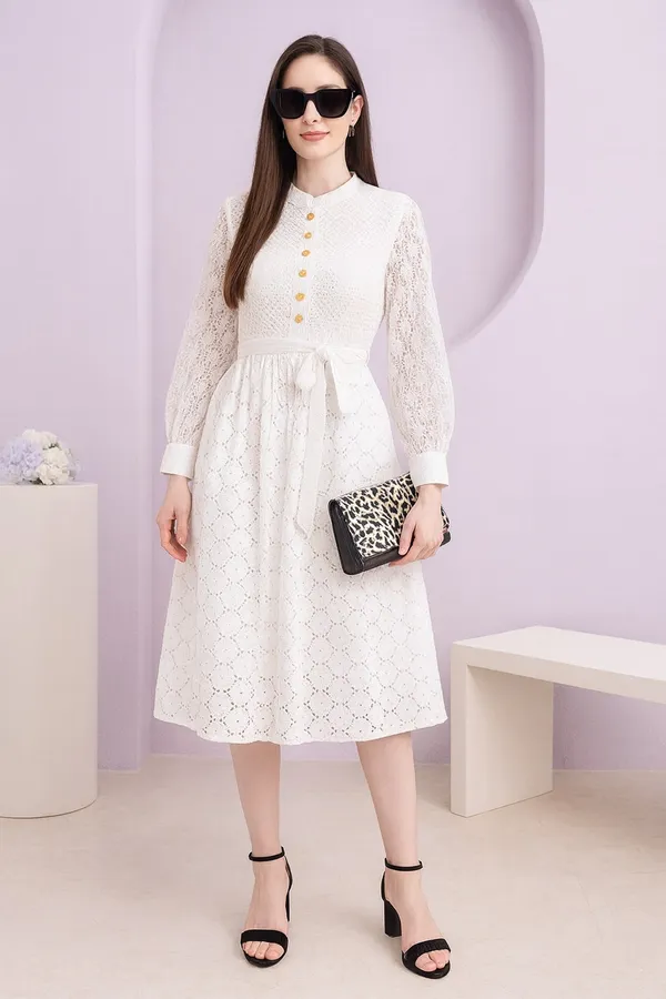 White_Premium_Cotton_Three_Fourth_Sleeves_Dress_For_Women