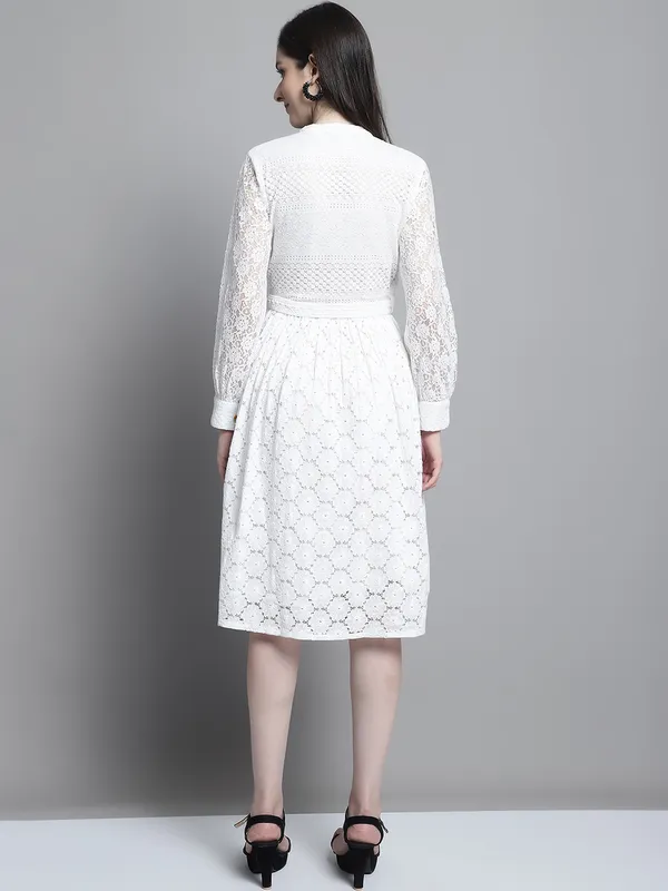 White_Premium_Cotton_Three_Fourth_Sleeves_Dress_For_Women