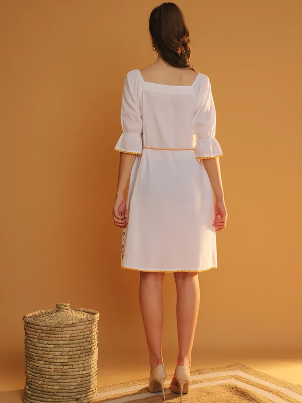 White_Premium_Schiffli_Three_Fourth_Sleeves_Dress_For_Women