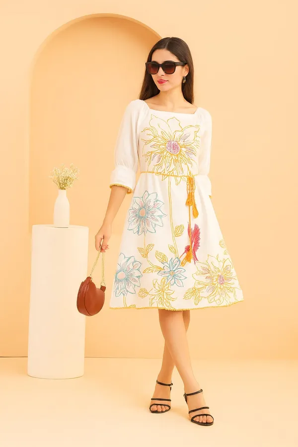 White_Premium_Schiffli_Three_Fourth_Sleeves_Dress_For_Women