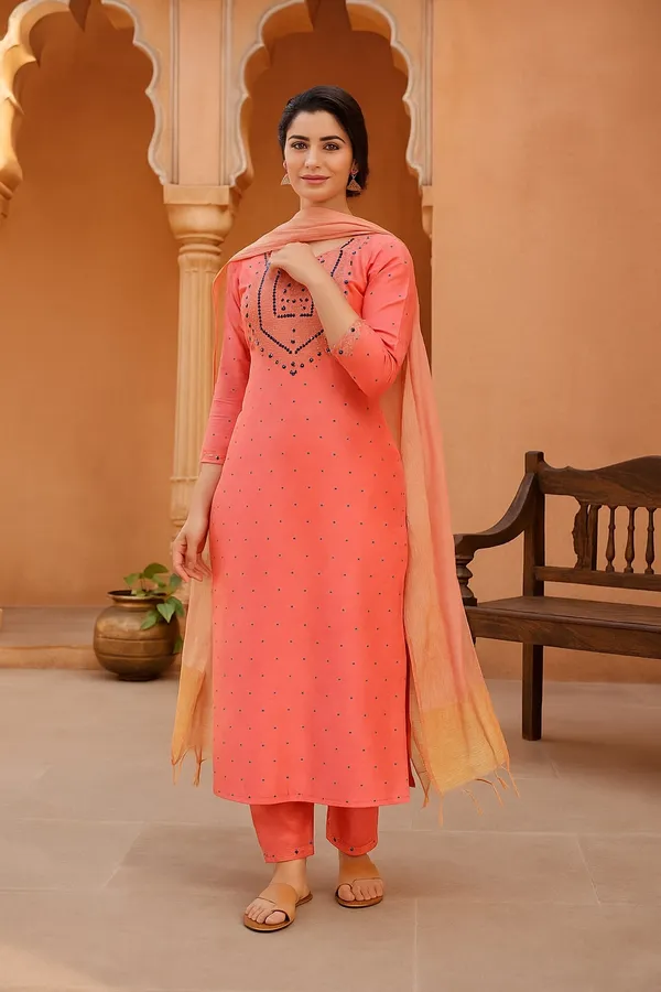 Pink_Premium_Dupion_Silk_Three_Fourth_Sleeves_Kurta_Set_For_Women