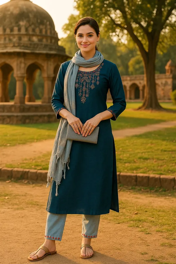 Teal_Premium_Viscose_Rayon_Three_Fourth_Sleeves_Kurta_Set_For_Women