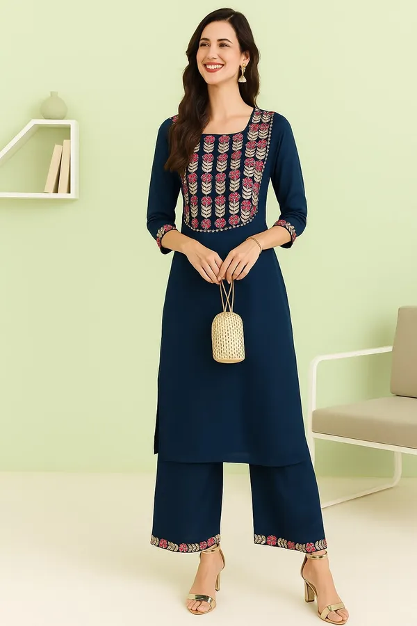 Teal_Premium_Viscose_Rayon_Three_Fourth_Sleeves_Kurta_Set_For_Women