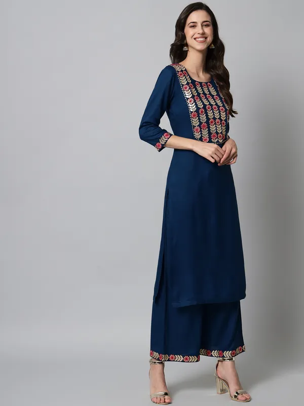 Teal_Premium_Viscose_Rayon_Three_Fourth_Sleeves_Kurta_Set_For_Women