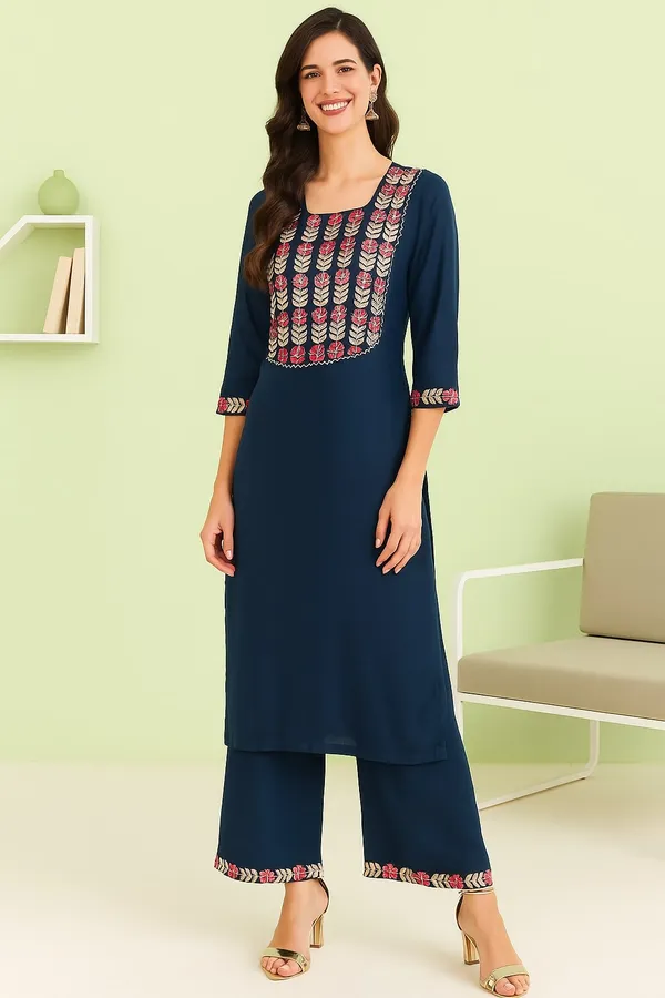 Teal_Premium_Viscose_Rayon_Three_Fourth_Sleeves_Kurta_Set_For_Women