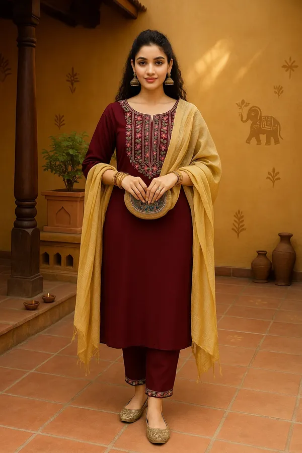 Maroon_Premium_Viscose_Rayon_Three_Fourth_Sleeves_Kurta_Set_For_Women
