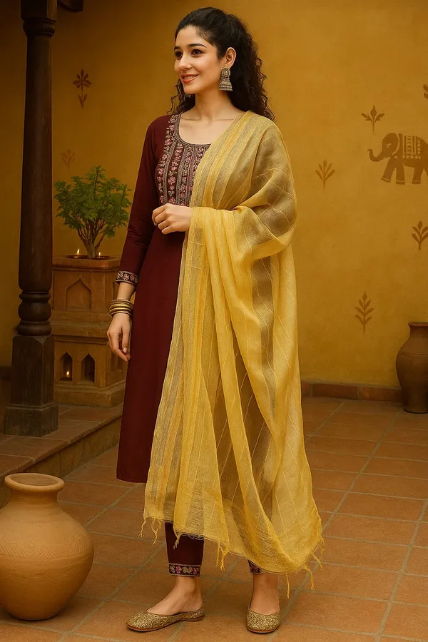 Maroon_Premium_Viscose_Rayon_Three_Fourth_Sleeves_Kurta_Set_For_Women
