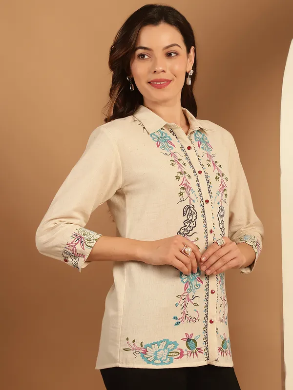 Beige_Premium_Cotton_Three_Fourth_Sleeves_Shirt_For_Women