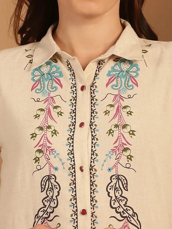 Beige_Premium_Cotton_Three_Fourth_Sleeves_Shirt_For_Women