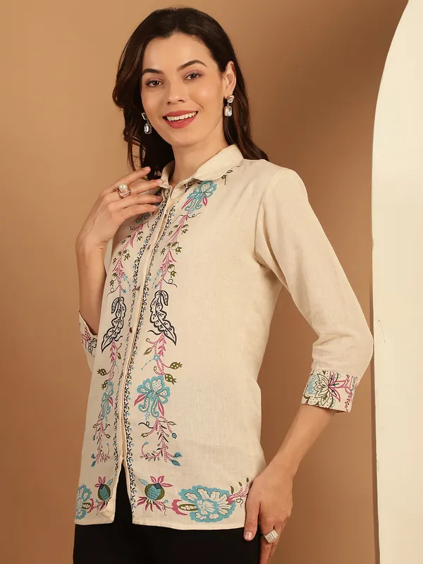 Beige_Premium_Cotton_Three_Fourth_Sleeves_Shirt_For_Women