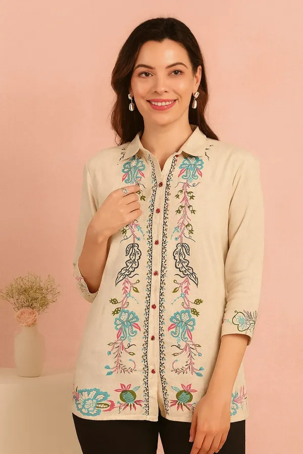 Beige_Premium_Cotton_Three_Fourth_Sleeves_Shirt_For_Women