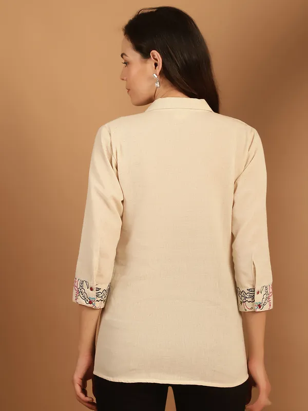 Beige_Premium_Cotton_Three_Fourth_Sleeves_Shirt_For_Women