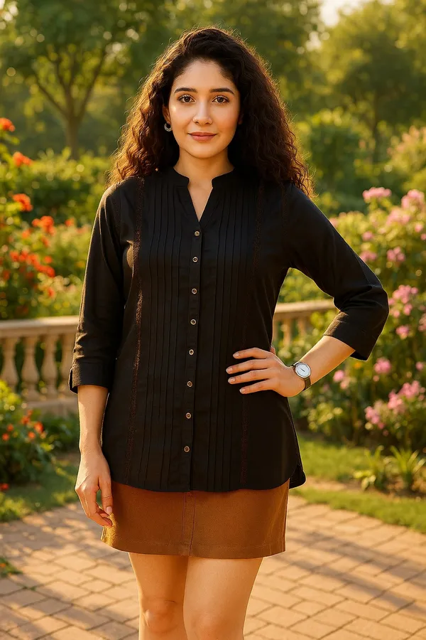 Black_Premium_Viscose_Rayon_Three_Fourth_Sleeves_Shirt_For_Women