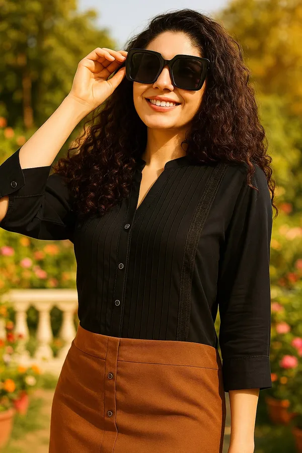 Black_Premium_Viscose_Rayon_Three_Fourth_Sleeves_Shirt_For_Women