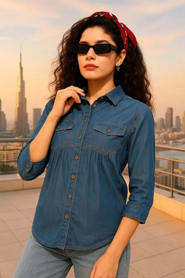 Blue_Premium_Denim_Three_Fourth_Sleeves_Shirt_For_Women