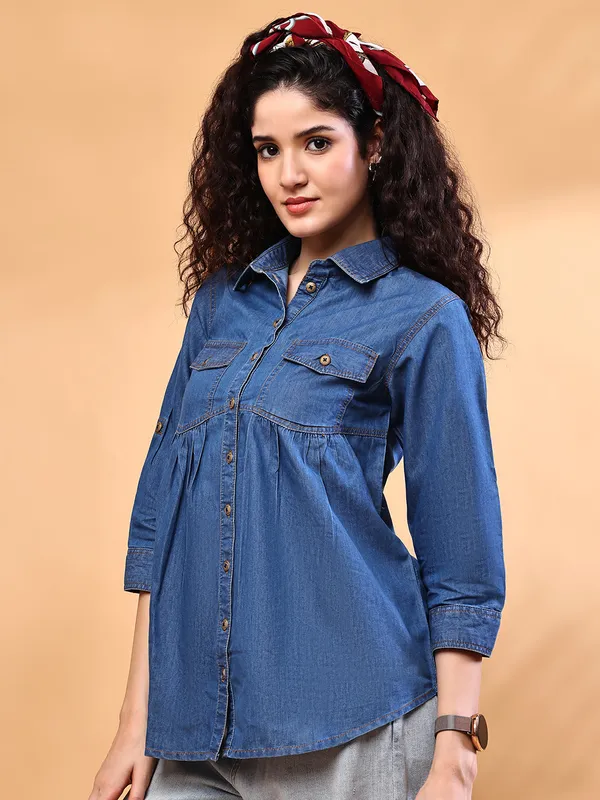 Blue_Premium_Denim_Three_Fourth_Sleeves_Shirt_For_Women