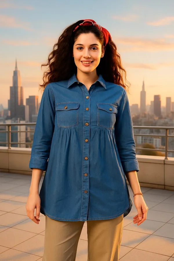 Blue_Premium_Denim_Three_Fourth_Sleeves_Shirt_For_Women