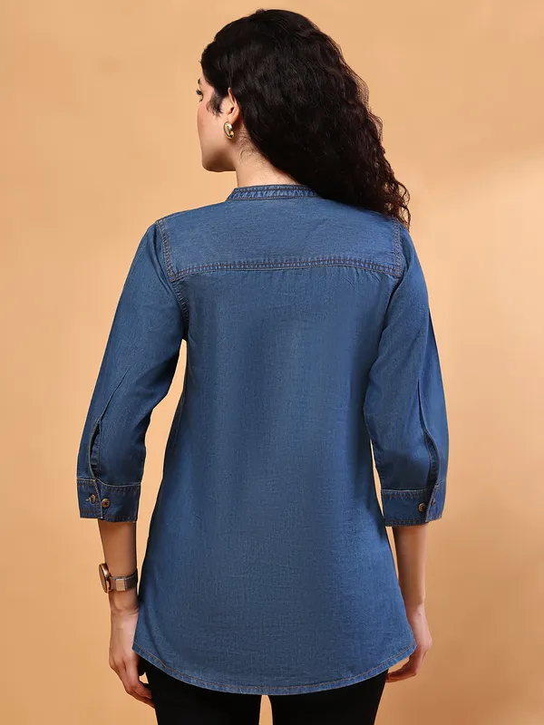Blue_Premium_Denim_Three_Fourth_Sleeves_Shirt_For_Women