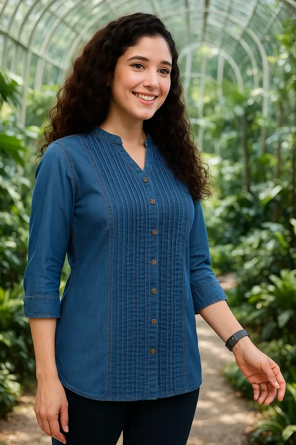 Blue_Premium_Denim_Three_Fourth_Sleeves_Shirt_For_Women