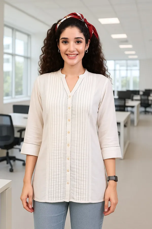 Cream_Premium_Viscose_Rayon_Three_Fourth_Sleeves_Shirt_For_Women