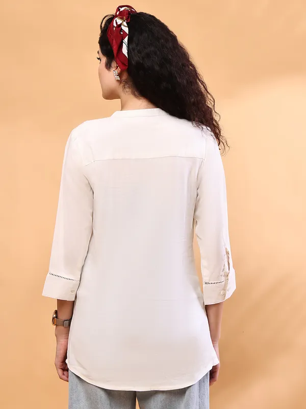Cream_Premium_Viscose_Rayon_Three_Fourth_Sleeves_Shirt_For_Women