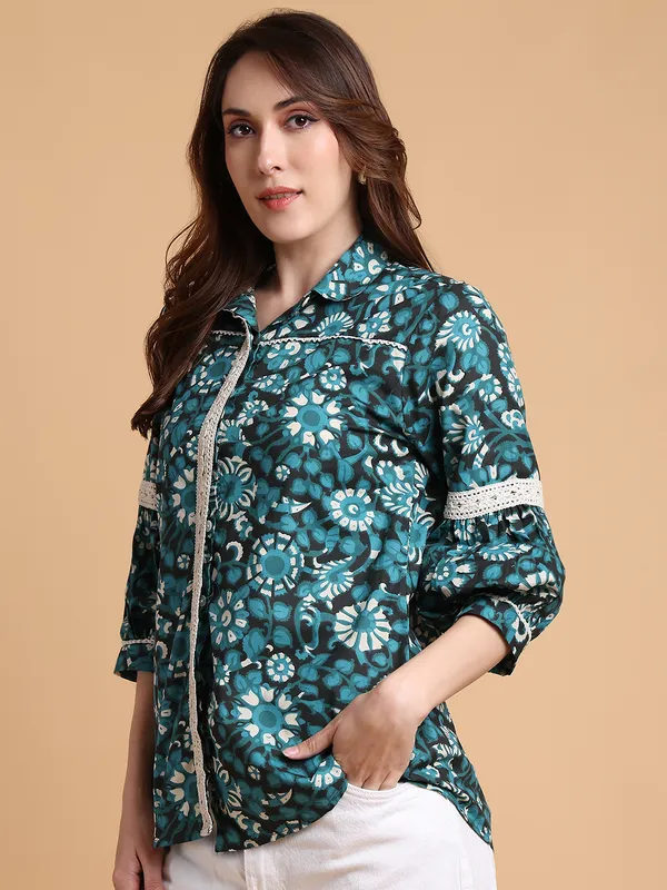 Green_Premium_Cotton_Three_Fourth_Sleeves_Shirt_For_Women