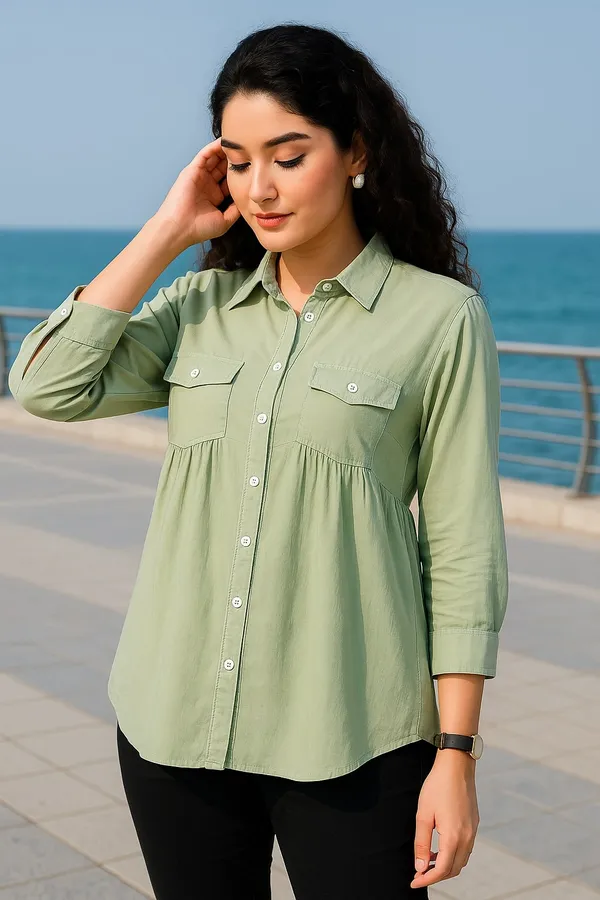 Green_Premium_Cotton_Three_Fourth_Sleeves_Shirt_For_Women