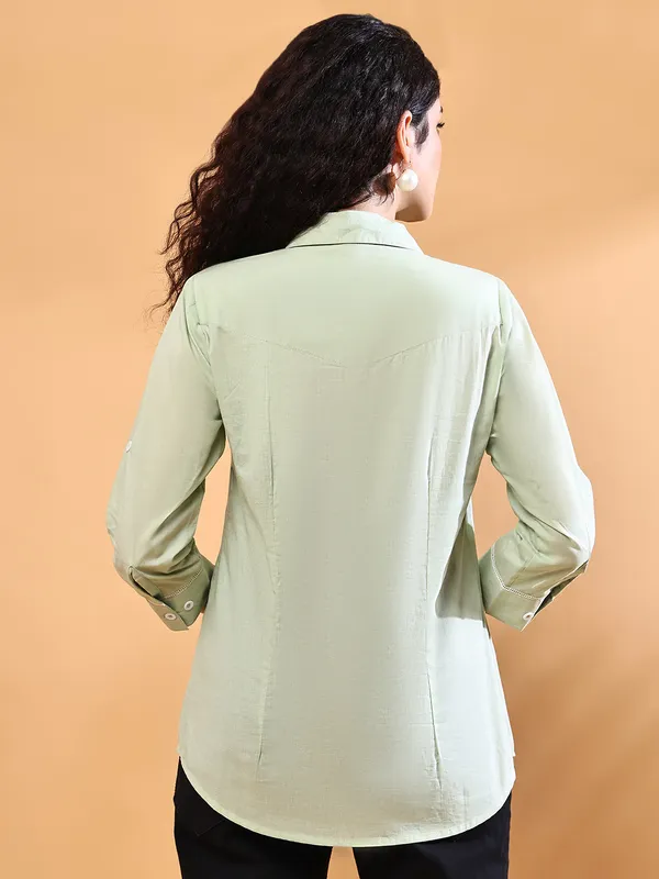 Green_Premium_Cotton_Three_Fourth_Sleeves_Shirt_For_Women
