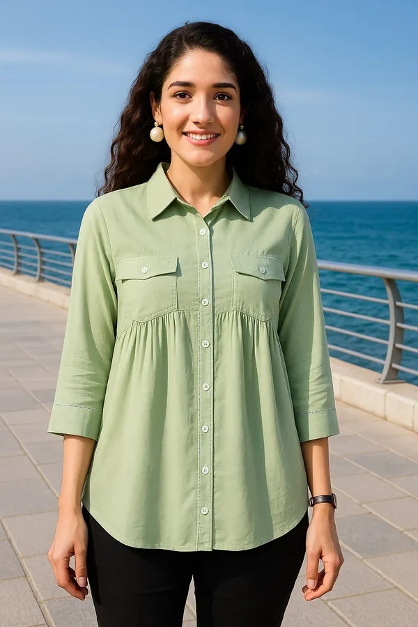 Green_Premium_Cotton_Three_Fourth_Sleeves_Shirt_For_Women