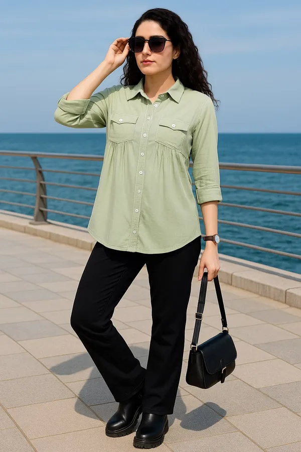Green_Premium_Cotton_Three_Fourth_Sleeves_Shirt_For_Women