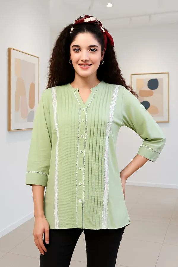 Green_Premium_Cotton_Three_Fourth_Sleeves_Shirt_For_Women