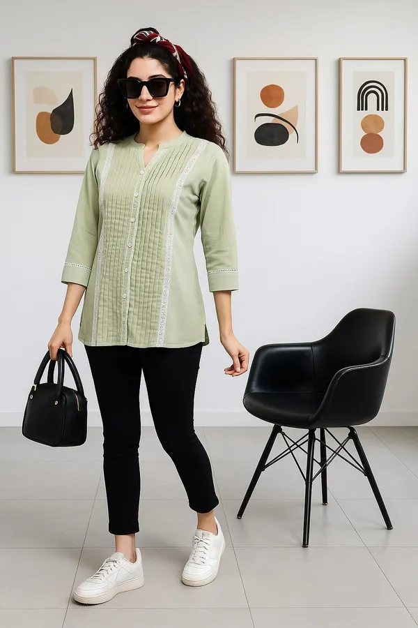 Green_Premium_Cotton_Three_Fourth_Sleeves_Shirt_For_Women