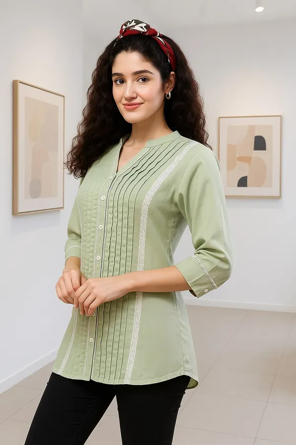 Green_Premium_Cotton_Three_Fourth_Sleeves_Shirt_For_Women