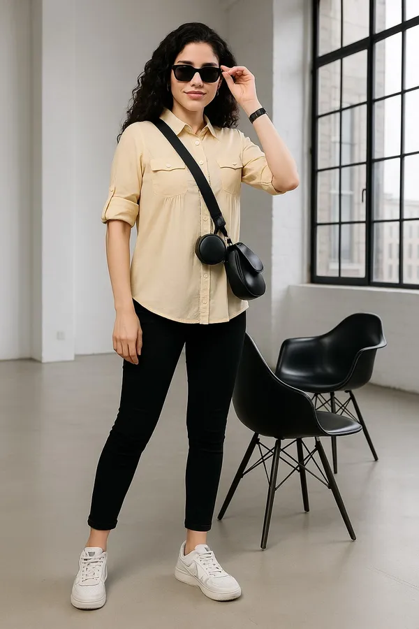 Beige_Premium_Cotton_Three_Fourth_Sleeves_Shirt_For_Women