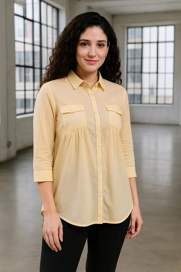 Beige_Premium_Cotton_Three_Fourth_Sleeves_Shirt_For_Women