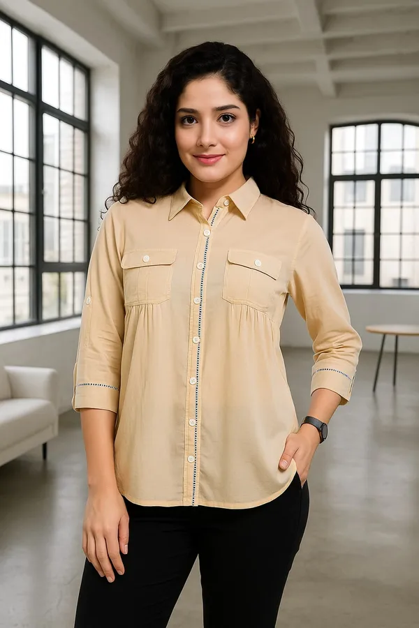 Beige_Premium_Cotton_Three_Fourth_Sleeves_Shirt_For_Women