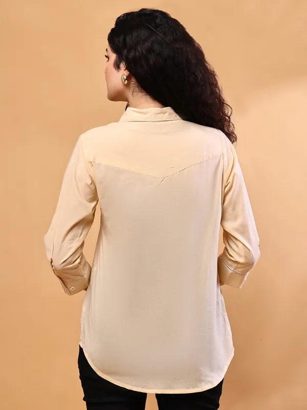 Beige_Premium_Cotton_Three_Fourth_Sleeves_Shirt_For_Women