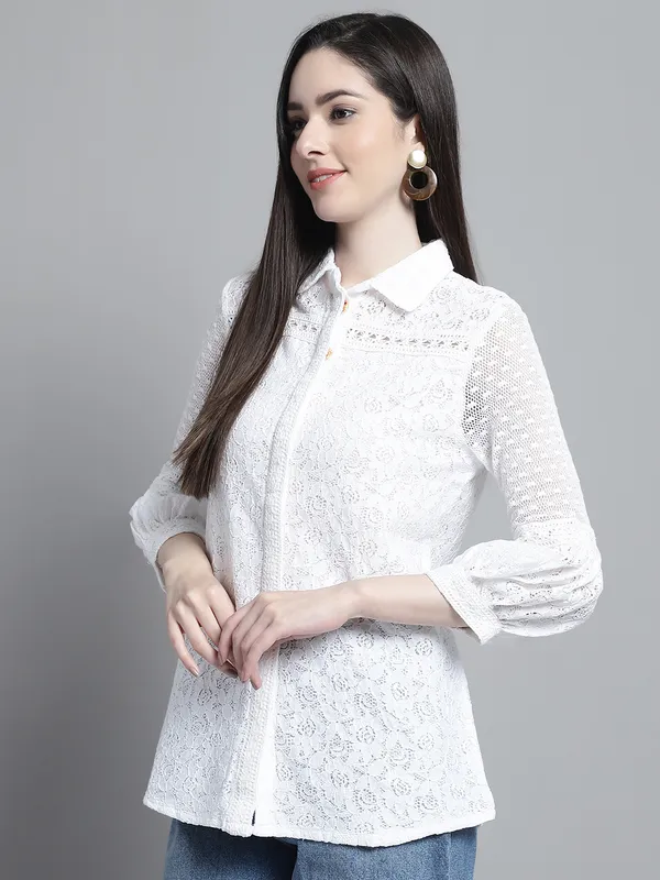 White_Premium_Cotton_Three_Fourth_Sleeves_Shirt_For_Women