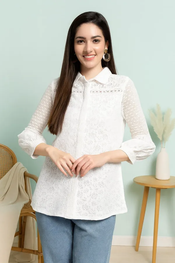 White_Premium_Cotton_Three_Fourth_Sleeves_Shirt_For_Women