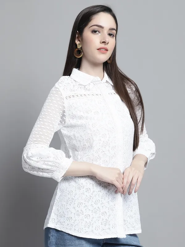 White_Premium_Cotton_Three_Fourth_Sleeves_Shirt_For_Women