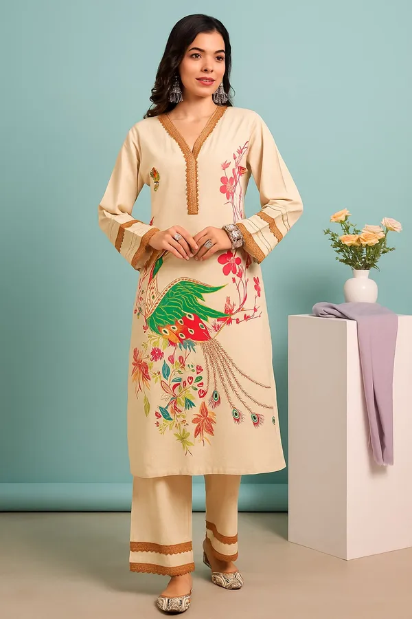 Beige_Premium_Cotton_Three_Fourth_Sleeves_Kurta_Set_For_Women