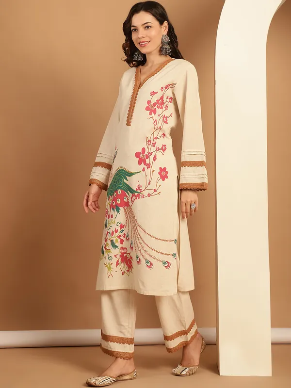 Beige_Premium_Cotton_Three_Fourth_Sleeves_Kurta_Set_For_Women