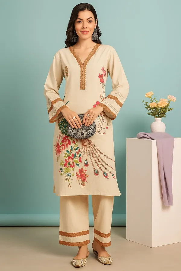 Beige_Premium_Cotton_Three_Fourth_Sleeves_Kurta_Set_For_Women