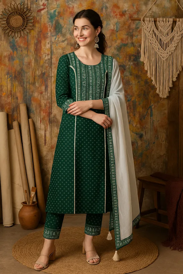 Green_Premium_Viscose_Rayon_Three_Fourth_Sleeves_Kurta_Set_For_Women