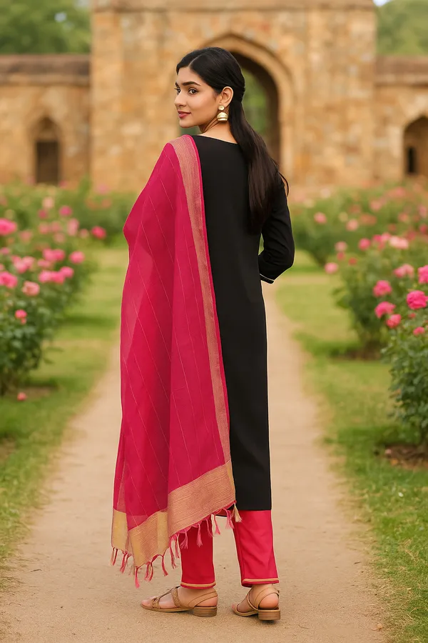 Black_Premium_Viscose_Rayon_Three_Fourth_Sleeves_Kurta_Set_For_Women