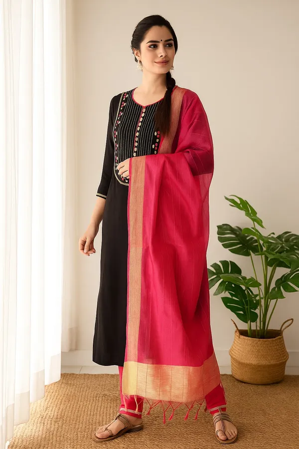 Black_Premium_Viscose_Rayon_Three_Fourth_Sleeves_Kurta_Set_For_Women